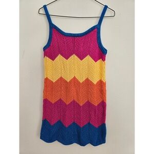 SHEIN Girls Chevron Knit Dress RainbowScallop Hem Pointelle Pink Blue Yellow 6-7